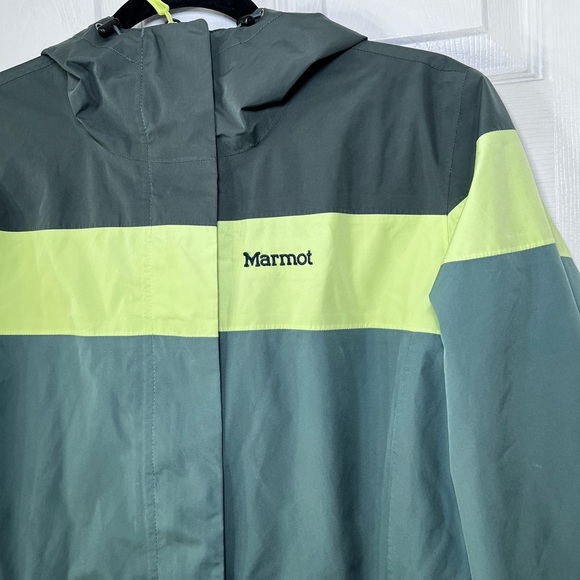 Marmot  Roam Rain Jacket Women’s Large Green Yellow Hooded Full Zip Waterproof - Picture 4 of 11